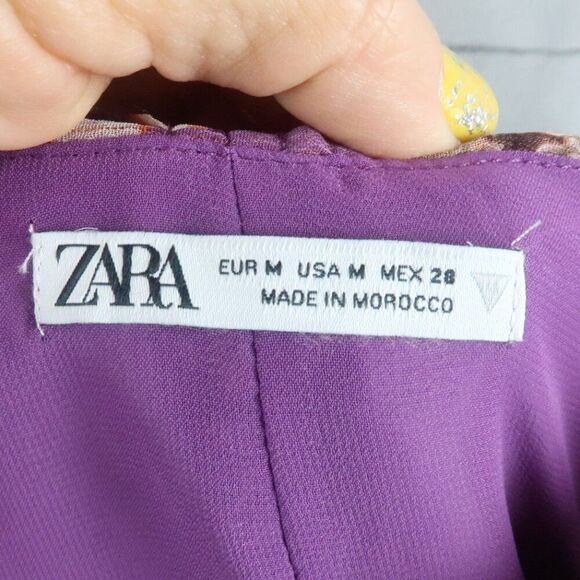 ZARA PURPLE PEACOCK FEATHER PRINT SPAGHETTI STRAP RUCHED MINI DRESS SIZE MEDIUM - Picture 3 of 9
